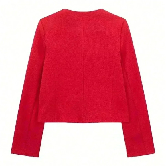 Red Elegant Women's Casual Tweed Jacket Decorated Long Sleeves Coat - Picture 5 of 8